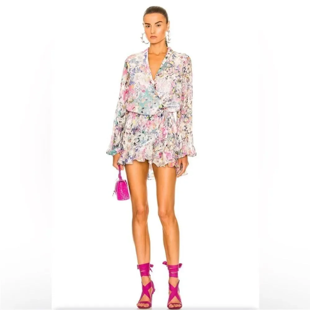 Rococo Sand Floral Leila Metallic Stars Mini Dress Sz XS Wrap Viscose Lined NWT